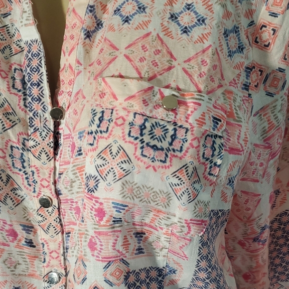 JM Collection 100% Linen Pink and Blue 3/4 Sleeve Button Down Shirt Size 10 - Picture 3 of 12